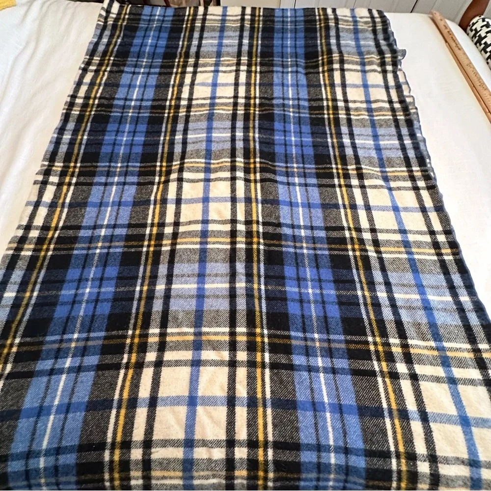 Vtg LL Bean Plaid Blanket Throw Blue Black Cream Tartan Check Cabin Core Camping
